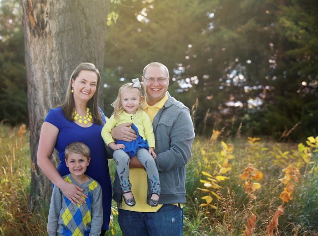 Yellow and blue family photos, fall family photos, family photo poses with couch, casual family photos, Krista Haffner Photography