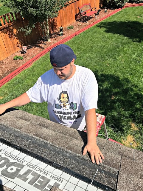 #RoofedItMyself #ad How to roof, Easy guide to roofing small projects, Easy guide to roofing large projects, why do you need a drip edge, how to install start strip shingles, starter strip shingle video, how to install roofing felt, how to install roofing shingles, How to install the roof ridge cap, Lowe's ship to store, GAF Shingles, GAF roofing supplies, GAF Timberline® HD® Shingles, Pictures of how to install a roof, Step by step instructions on roofing, Step by step instructions with pictures on shingle installation