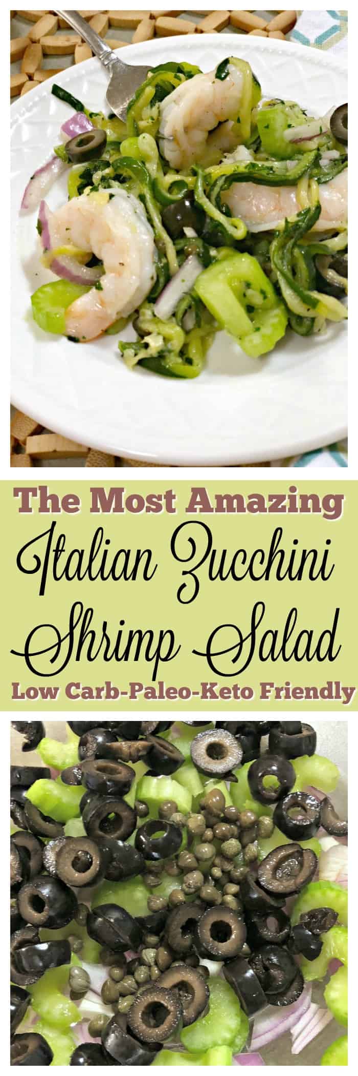 Italian Zucchini Shrimp Salad, Green Giant Veggie Spirals Recipes, How good are Green Giant Veggie Spirals, Low carb shrimp salad, fresh summer seafood salad, zoodle recipes, LCHF easy recipe, Weight Watchers shrimp salad