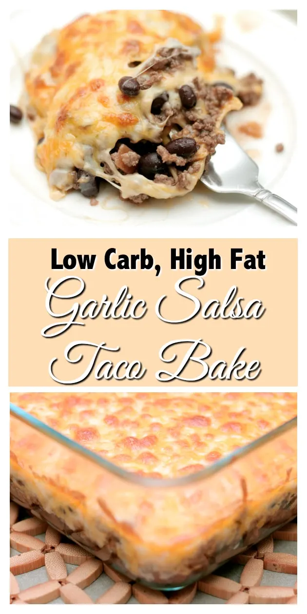 If you are looking for a low carb high fat (LCHF) taco recipe, this Garlic Salsa Taco Bake is only 6.5g of carbs per serving and is fantastic. Garlic Salsa recipes are delicious and this one will have your family begging for more. Get the tutorial and printable recipe here